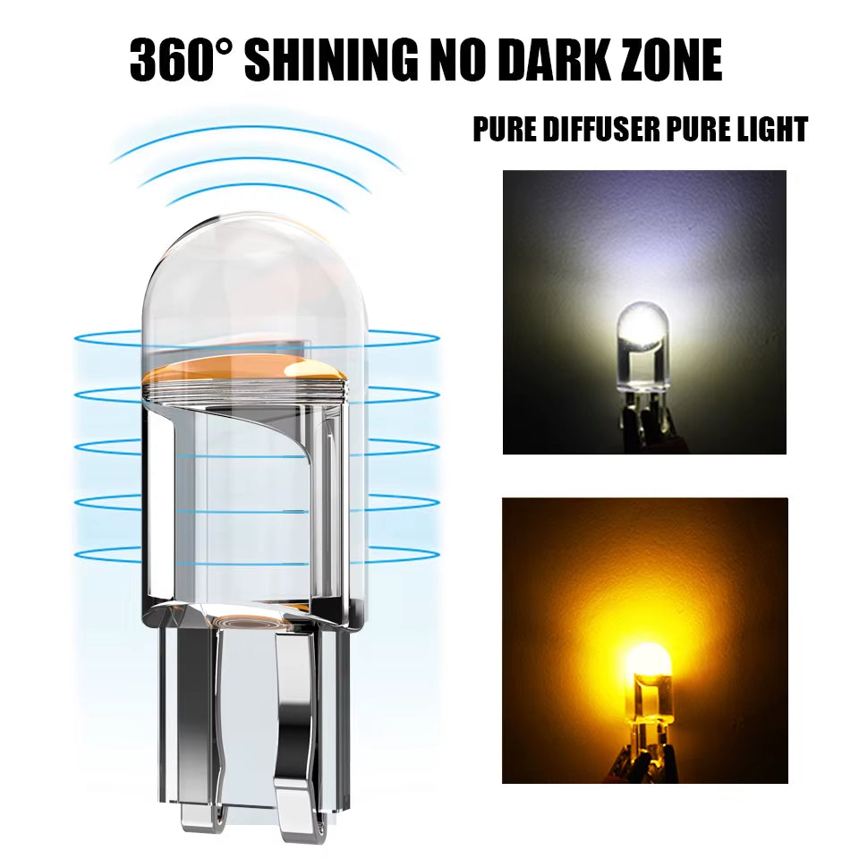 Juego de 10 Bombillas LED T10 W5W de 6000 K (COB Glass) para Coche – Luz Blanca para Matrícula, Interior y Panel