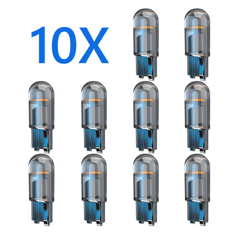 Juego de 10 Bombillas LED T10 W5W de 6000 K (COB Glass) para Coche – Luz Blanca para Matrícula, Interior y Panel